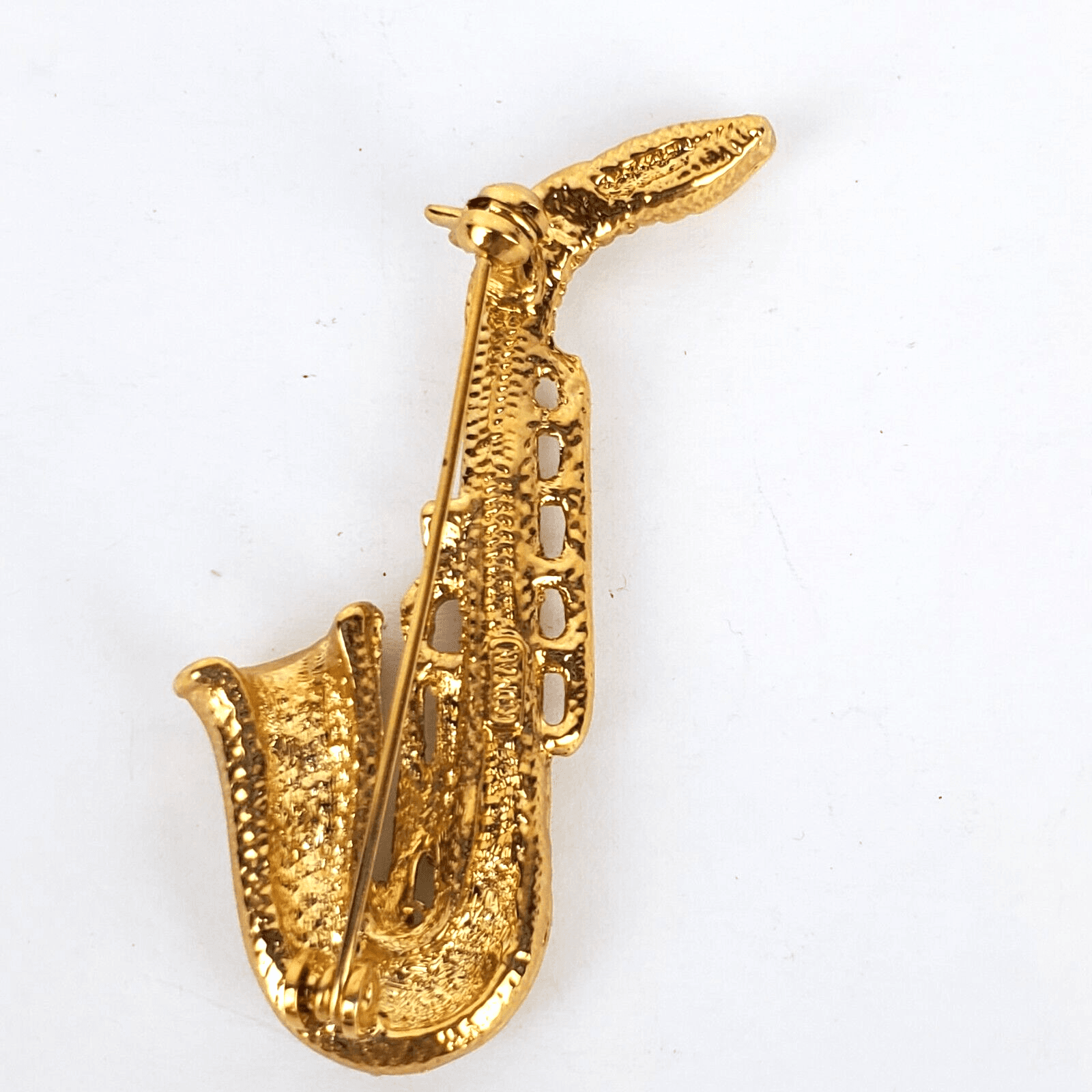 Vintage Gold Tone Metal Faux Pearls Clear Rhinestone Saxophone Brooch Pin - Thumbnail 2