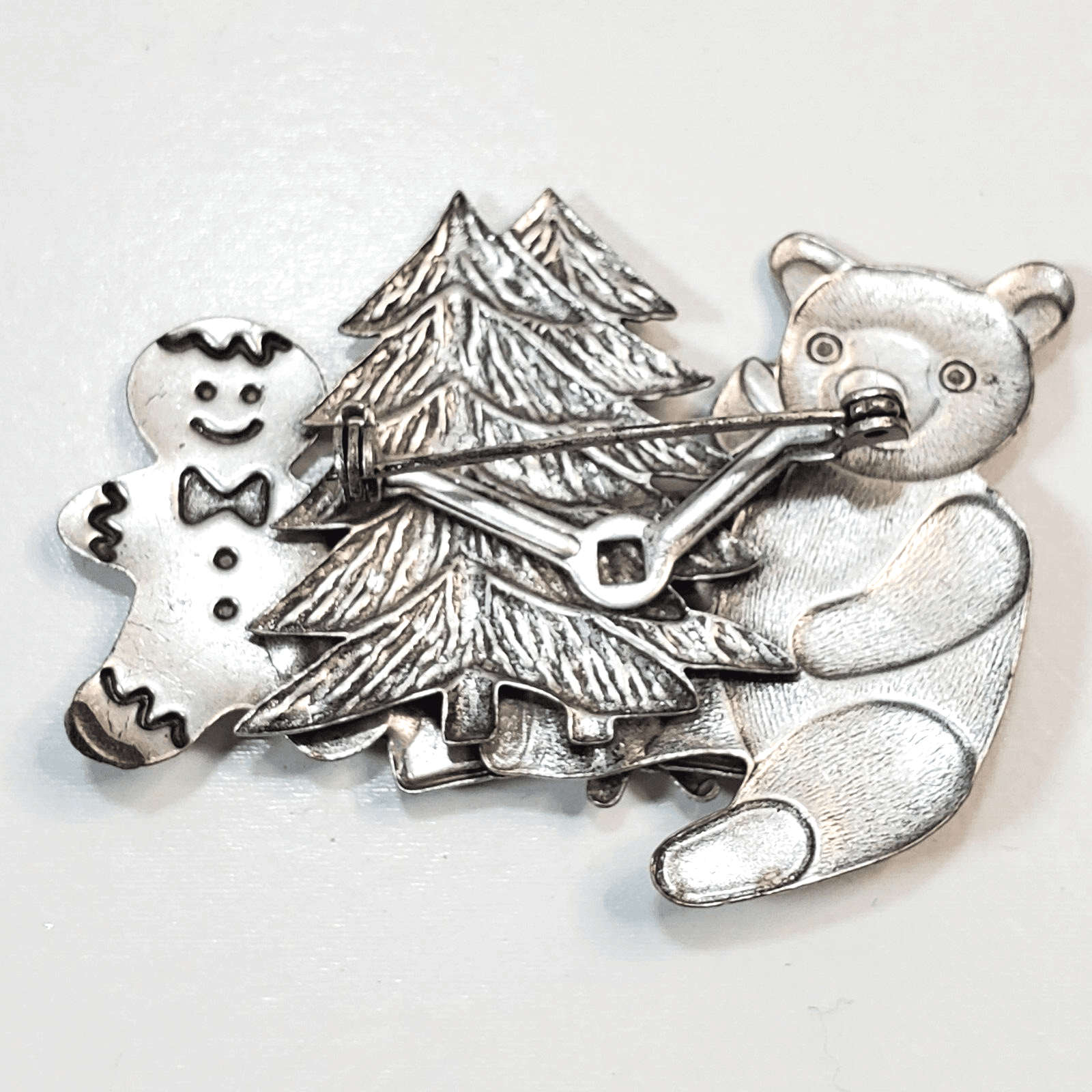 Silver Tone Metal Enamel Rhinestone Bear Gingerbread Tree Christmas Brooch Pin - Thumbnail 2