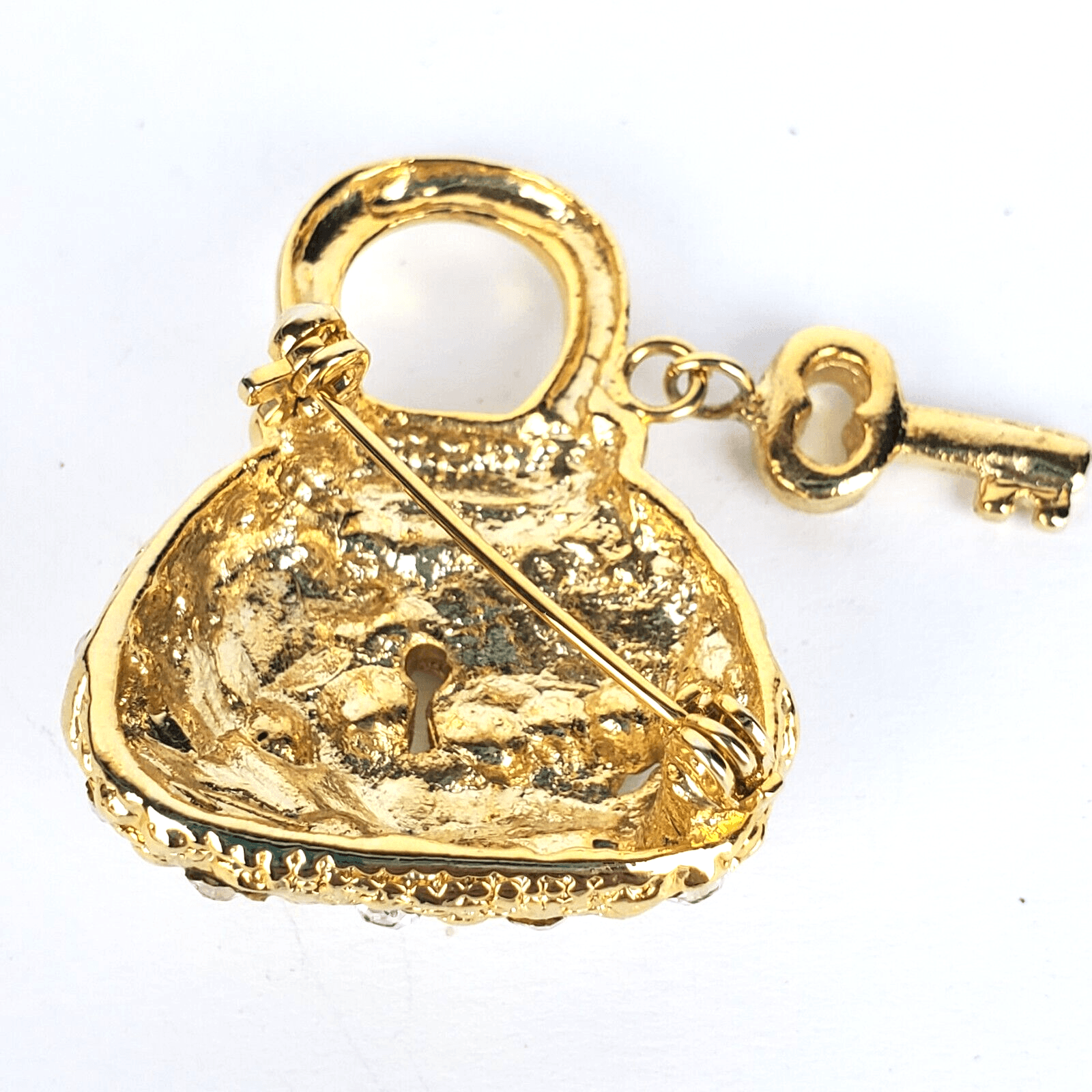 Gold Tone Metal Clear Rhinestones Purse Handbag Lock and Key Brooch Pin - Thumbnail 2
