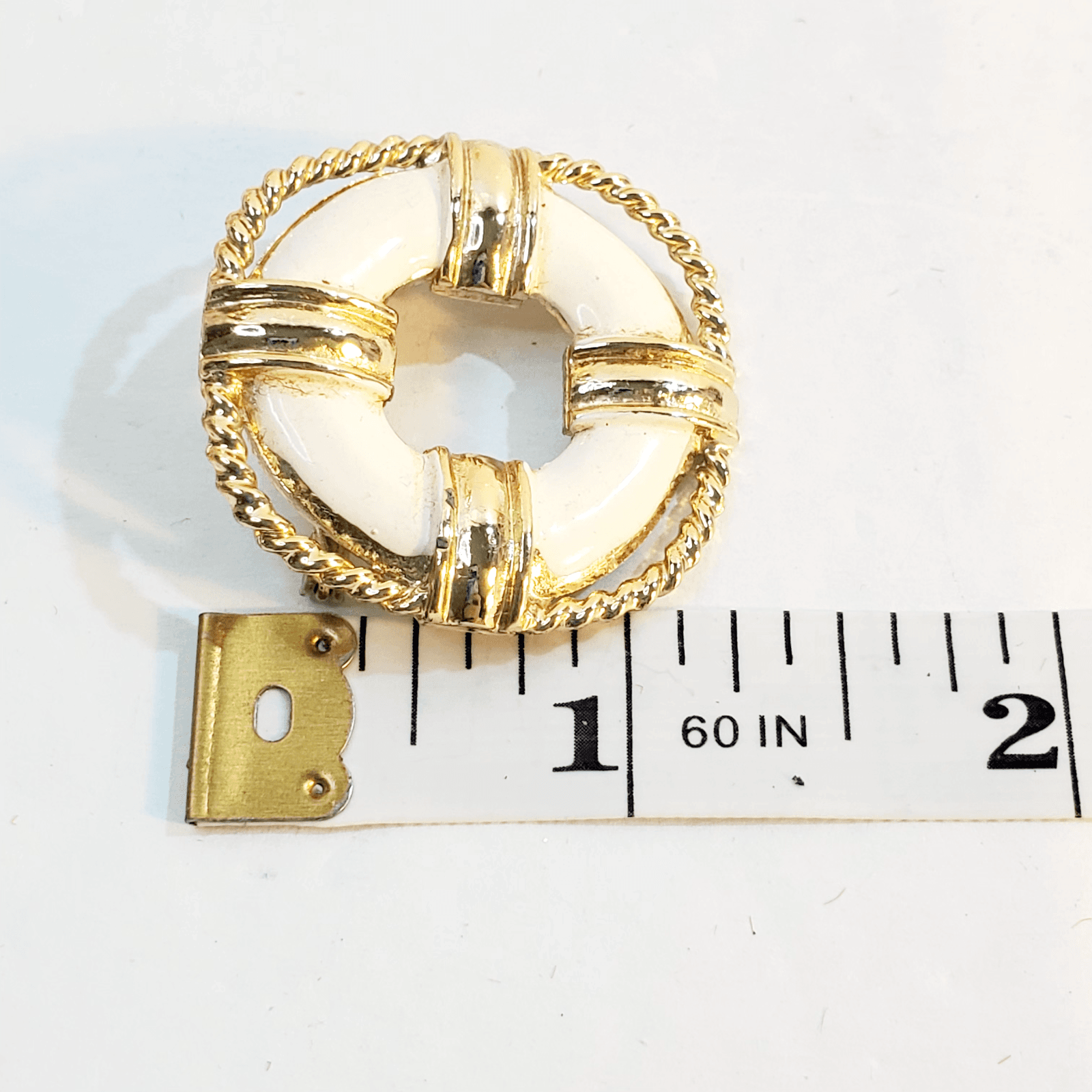 Vtg RNK R.N.K. Gold Tone White Enamel Nautical Life Preserver Buoy Brooch Pin - Thumbnail 4