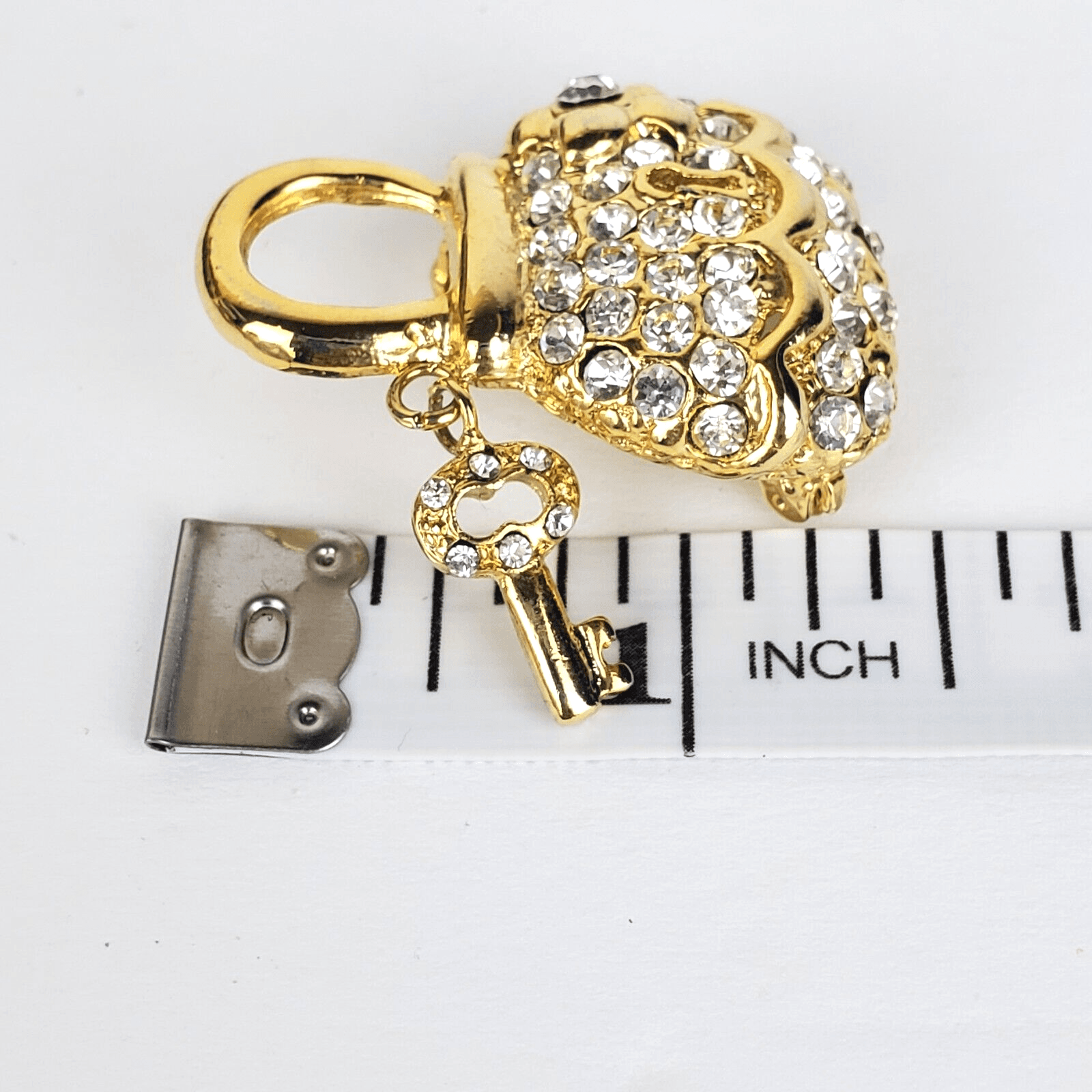 Gold Tone Metal Clear Rhinestones Purse Handbag Lock and Key Brooch Pin - Thumbnail 3