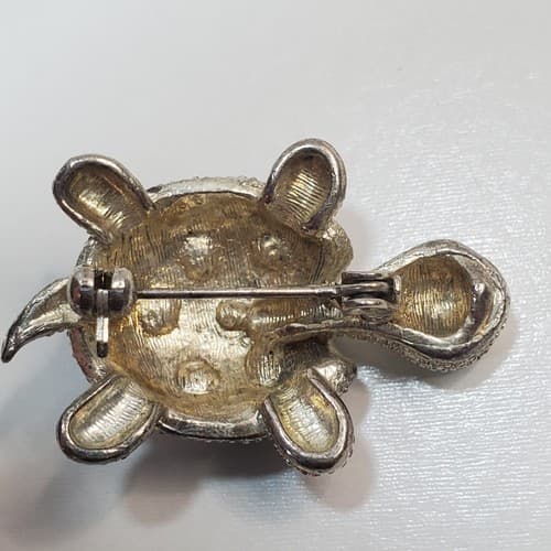 Silver Tone Metal Clear Rhinestones Green & Blue Enamel Turtle Brooch Pin - Thumbnail 4