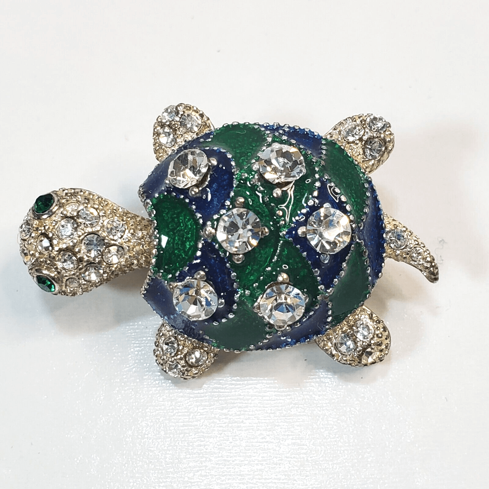 Silver Tone Metal Clear Rhinestones Green & Blue Enamel Turtle Brooch Pin