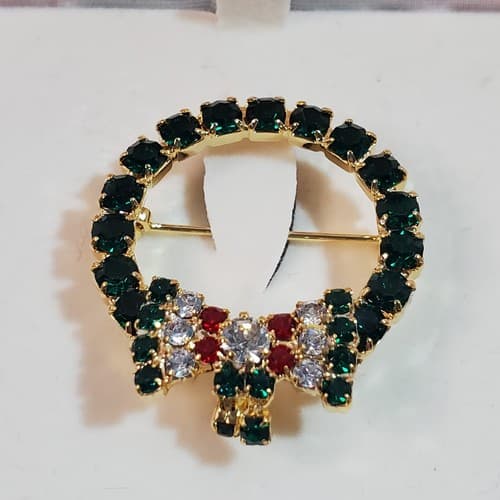 Vintage Amanda Smith Multicolor Rhinestone Gold Tone Christmas Wreath Brooch Pin - Thumbnail 2