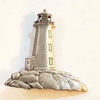 Vintage JJ Jonette Pewter Tone Metal Lighthouse Seaside Nautical Brooch Pin