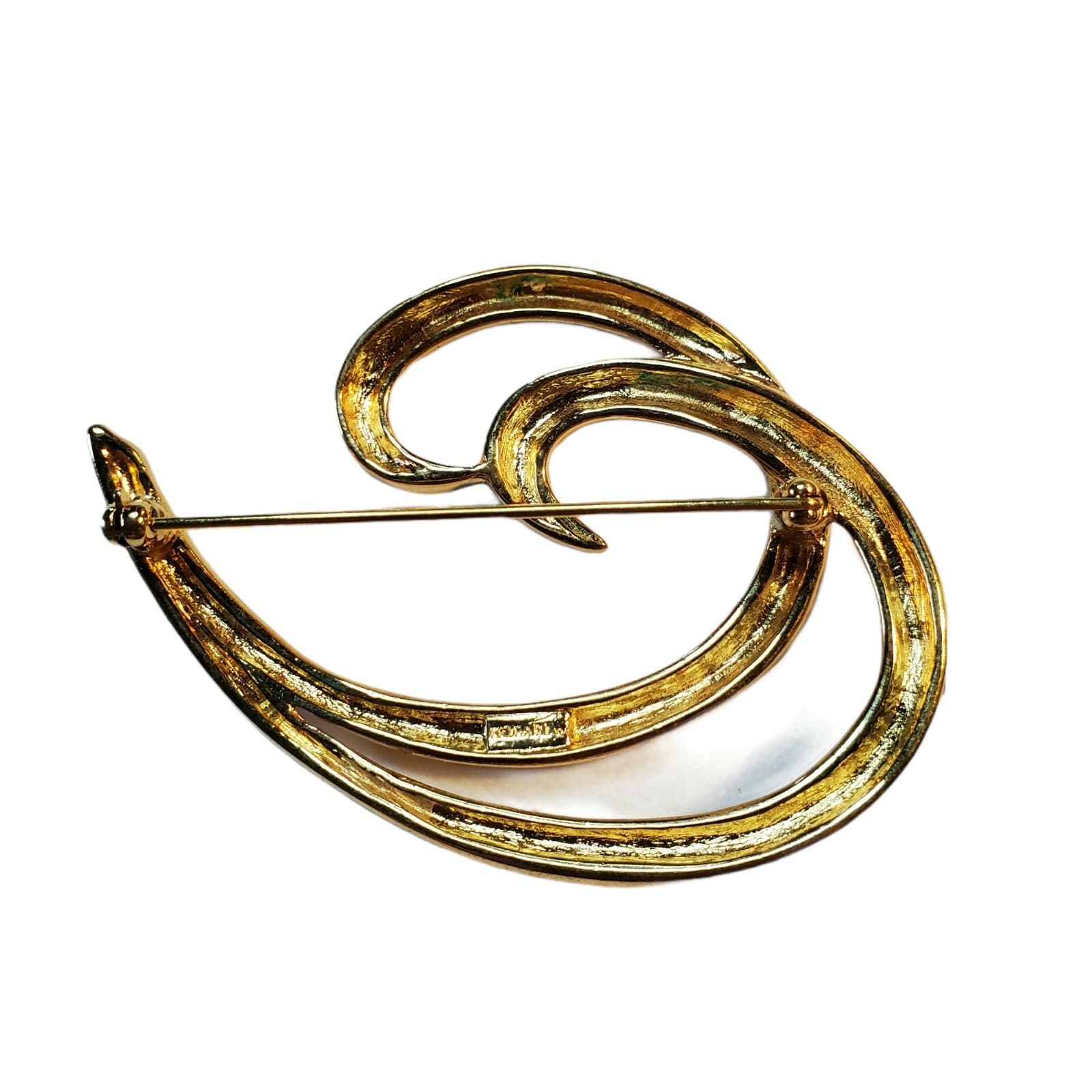 Vintage Signed Trifari Large Smooth Gold Tone Metal Swirl Curved Brooch Pin - Thumbnail 2