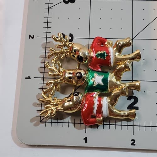 Vtg AJC Gold Tone & Enamel Three Dancing Reindeer Christmas Brooch Pin Holiday - Thumbnail 4