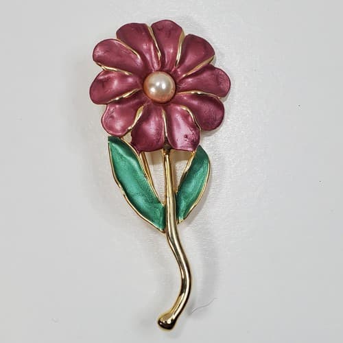 Gold Tone Multi-color Enamel Faux Pearl Flower Floral Brooch Pin Jewelry
