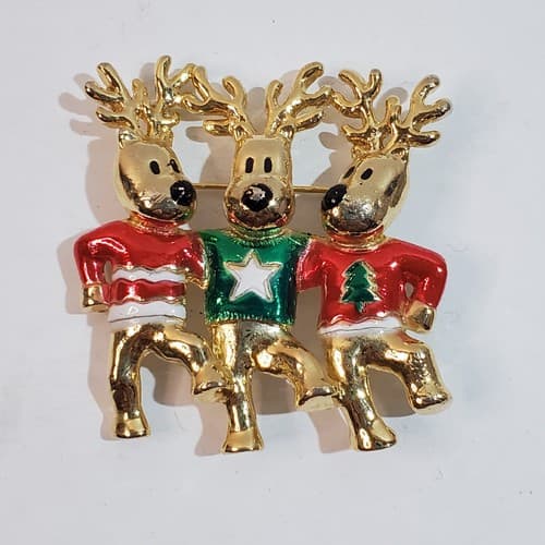 Vtg AJC Gold Tone & Enamel Three Dancing Reindeer Christmas Brooch Pin Holiday