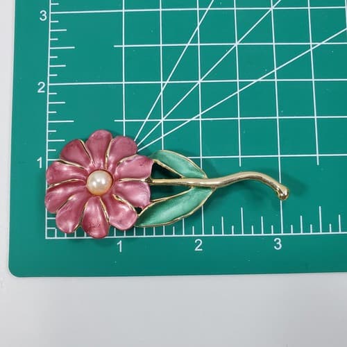 Gold Tone Multi-color Enamel Faux Pearl Flower Floral Brooch Pin Jewelry - Thumbnail 3