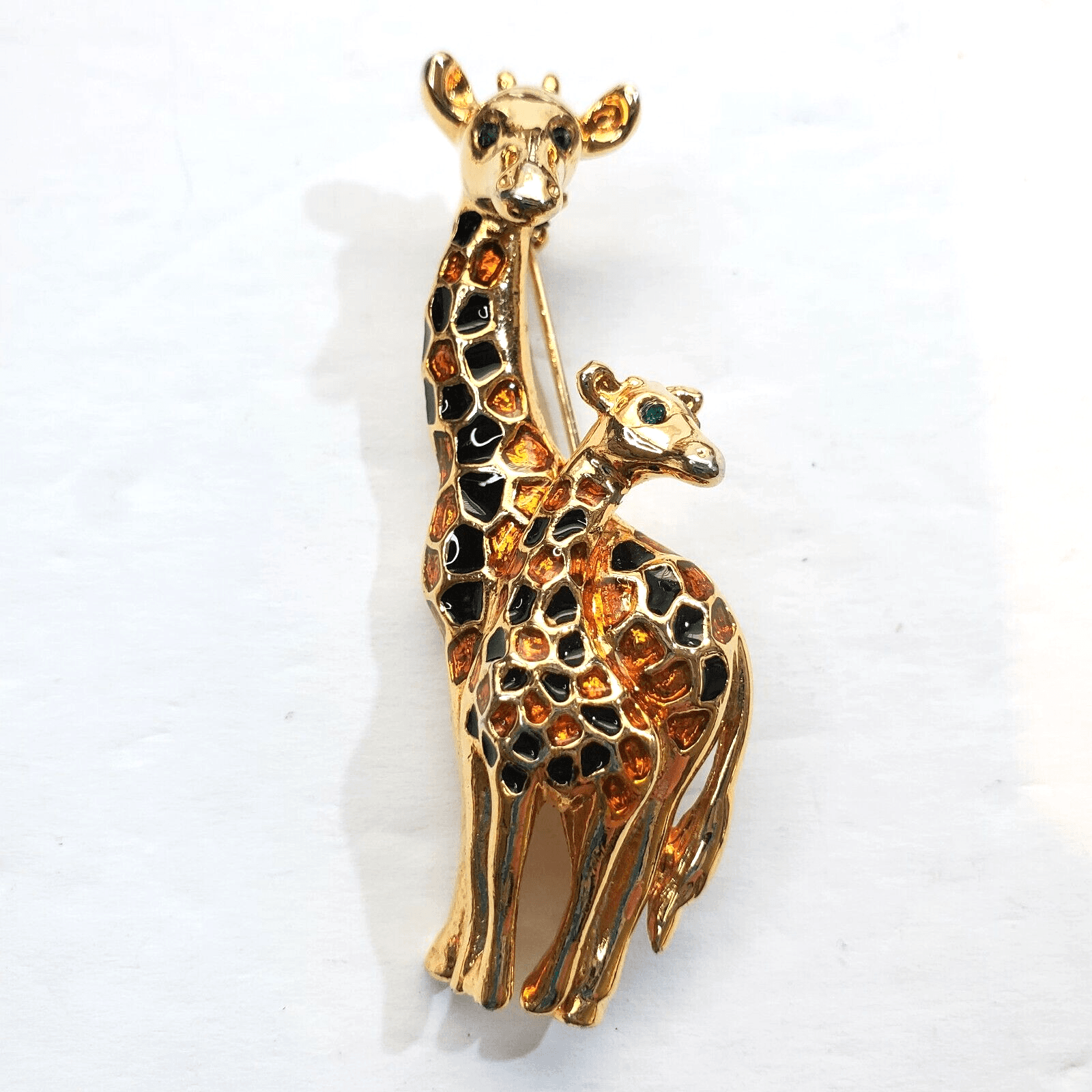 Vtg Gold Tone Orange Black Enamel Rhinestone Eyes Giraffe Mama/Baby Brooch Pin