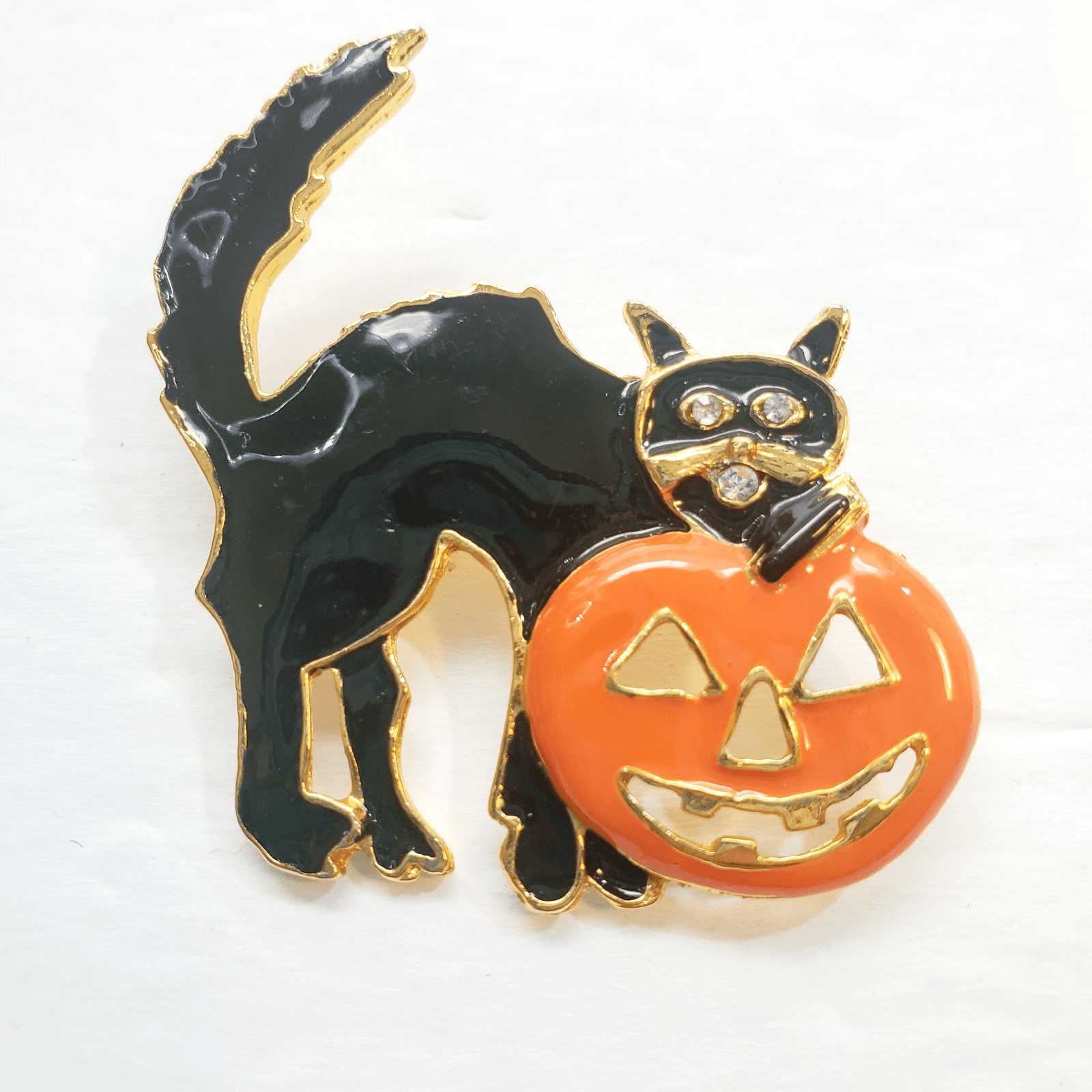 Whimsical Halloween Scared Black Cat with Pumpkin Enamel Gold Tone Brooch Pin