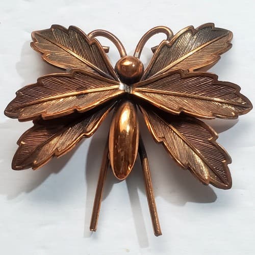 Vintage Copper Tone Metal Textured and Shiny Butterfly Bug Insect Brooch Pin