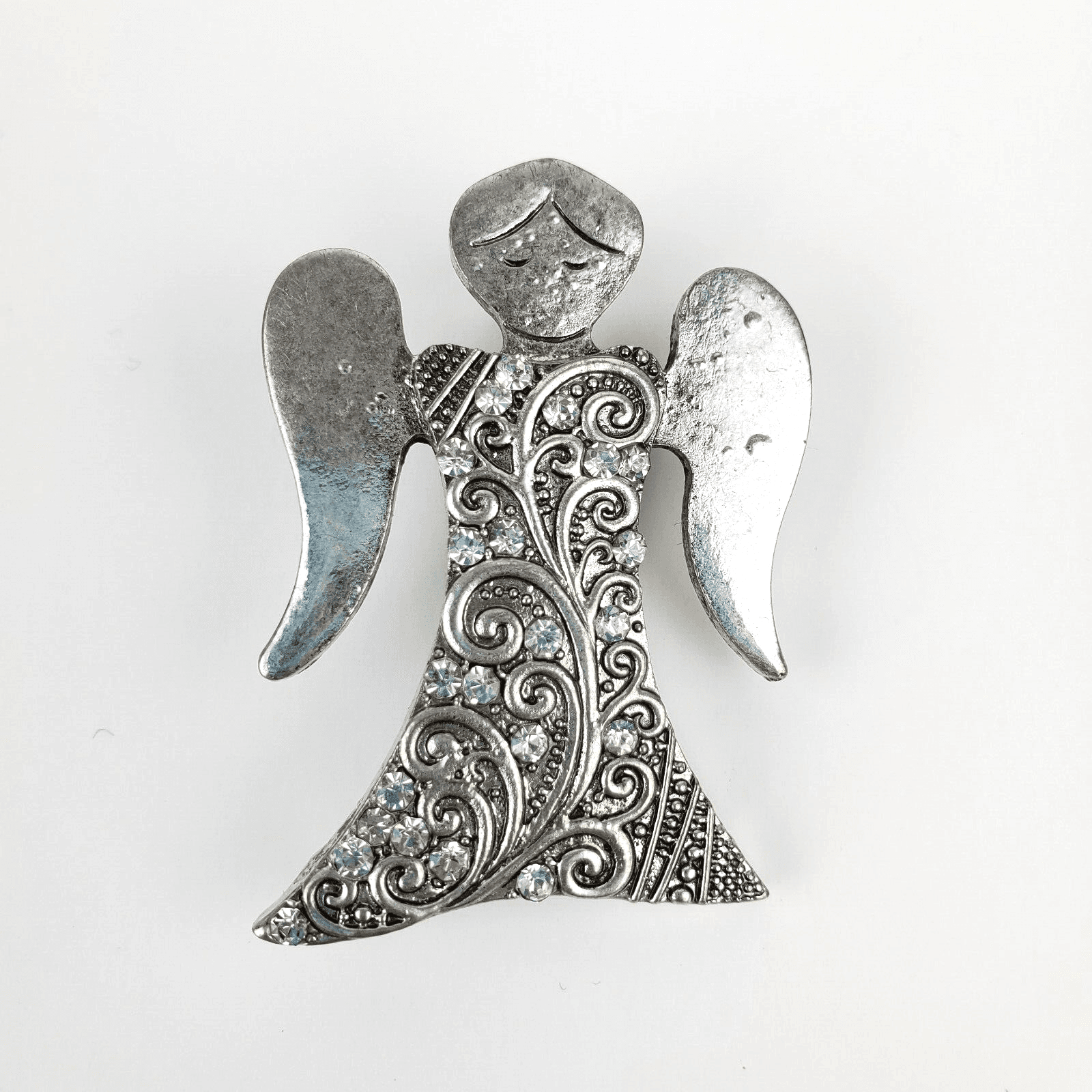 Vintage Silver Tone Metal Clear Rhinestones Scroll Work Angel Brooch Pin Pendant