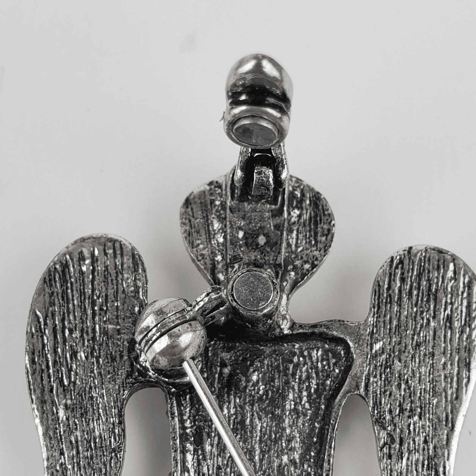 Vintage Silver Tone Metal Clear Rhinestones Scroll Work Angel Brooch Pin Pendant - Thumbnail 4