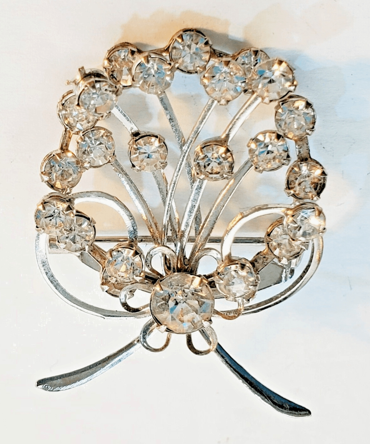 Vintage Silver Tone Metal Clear Rhinestones Floral Bouquet Circle Brooch Pin