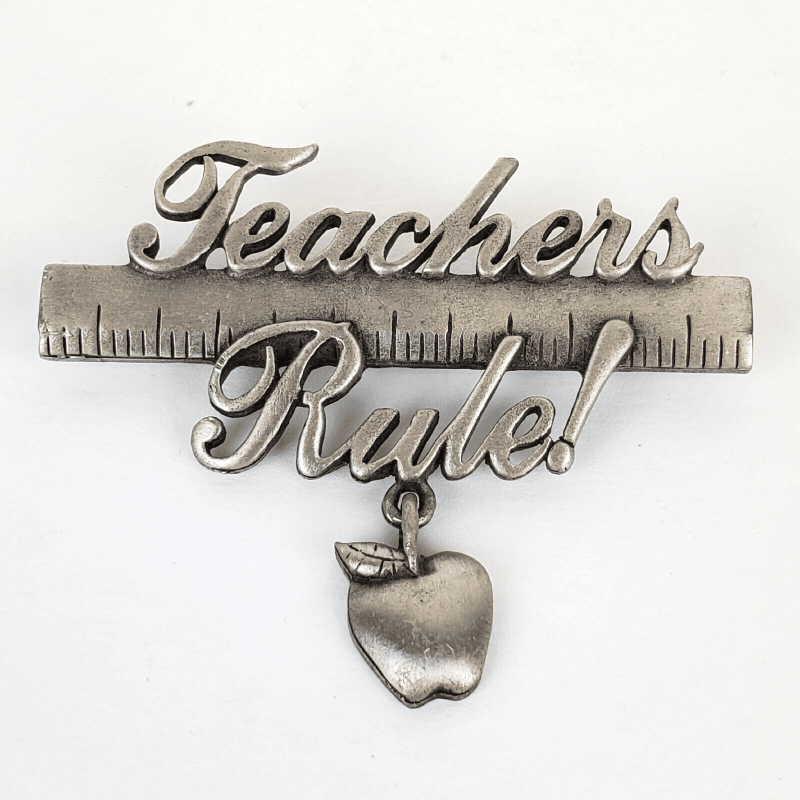 Vintage Signed JJ Pewter Teachers Rule Apple Ruler Brooch Pin