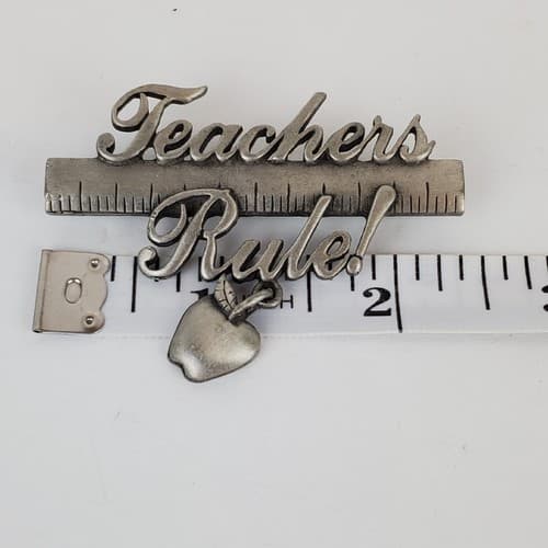 Vintage Signed JJ Pewter Teachers Rule Apple Ruler Brooch Pin - Thumbnail 5