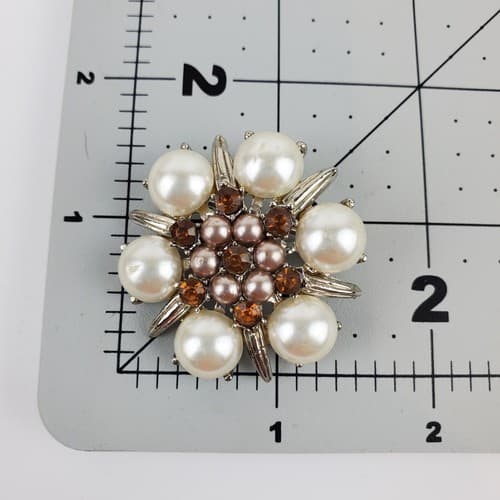 Vintage Silver Tone Metal Faux Pearls Rhinestones Starburst Brooch Pin - Thumbnail 3