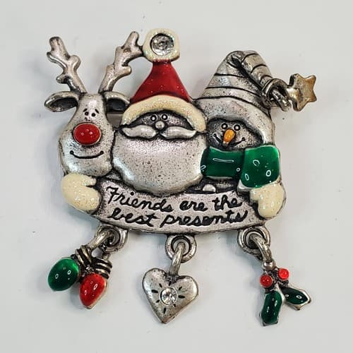 Vintage Signed AJMC Santa with Friends Christmas Metal & Enameled Brooch Pin