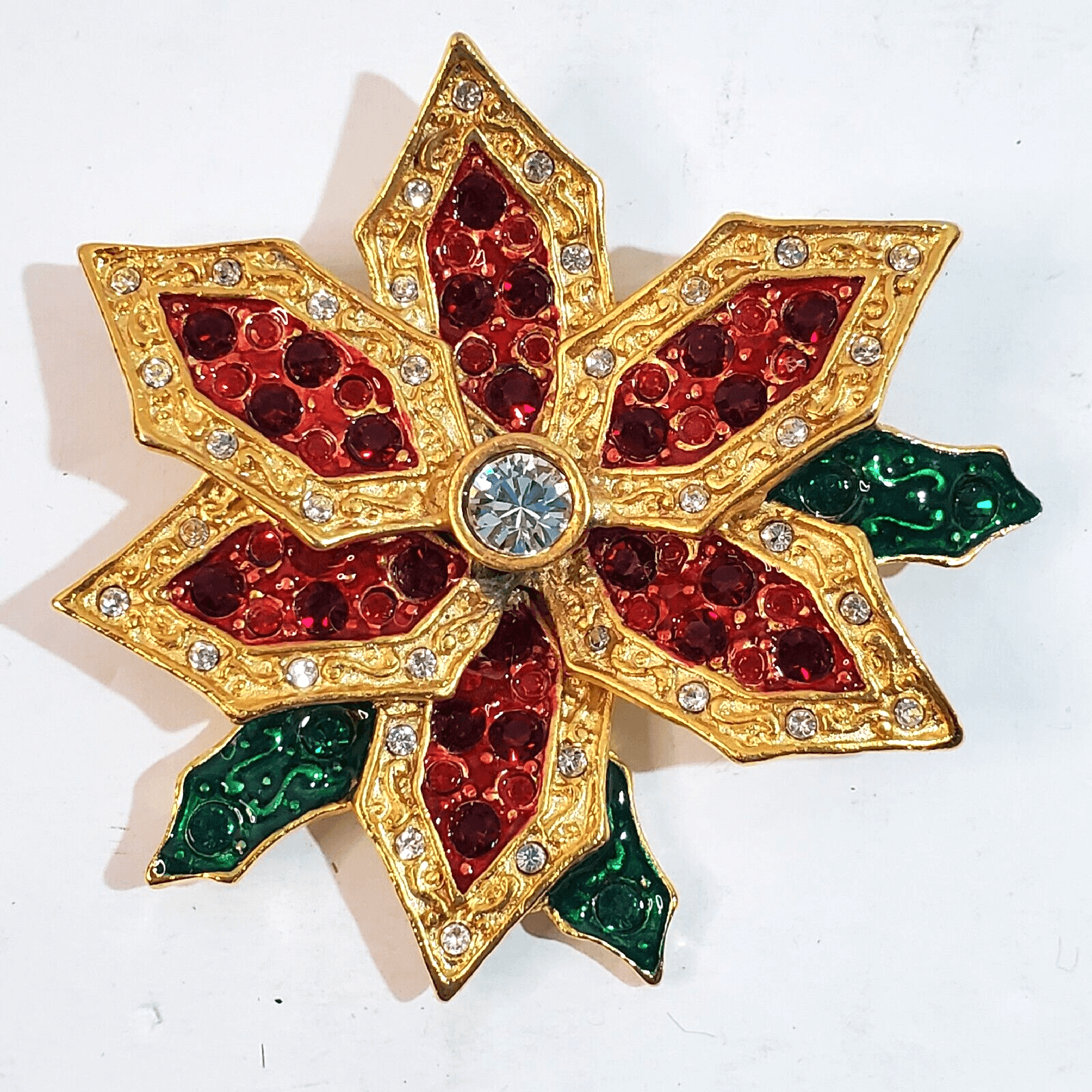 Gold Tone Metal Enamel & Rhinestone Christmas Poinsettia Brooch Pin Holiday