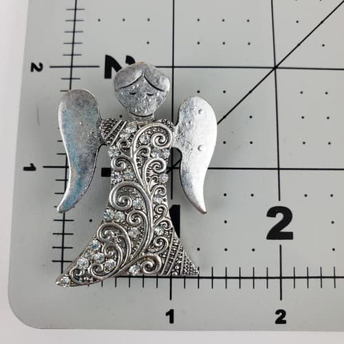 Vintage Silver Tone Metal Clear Rhinestones Scroll Work Angel Brooch Pin Pendant - Thumbnail 5