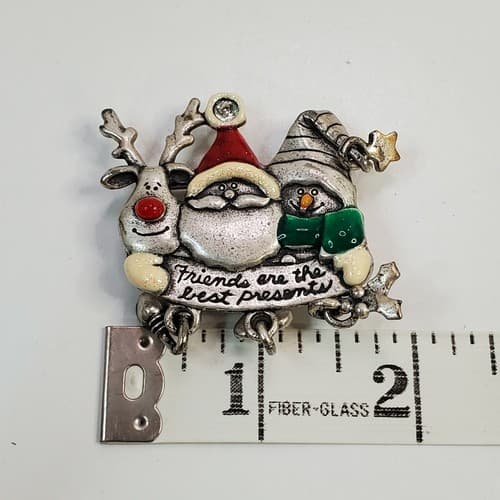 Vintage Signed AJMC Santa with Friends Christmas Metal & Enameled Brooch Pin - Thumbnail 4