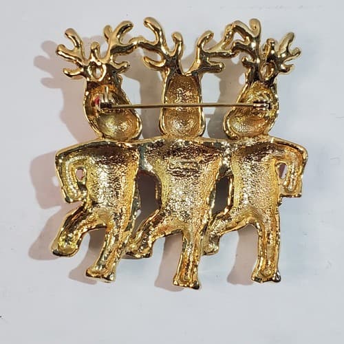 Vtg AJC Gold Tone & Enamel Three Dancing Reindeer Christmas Brooch Pin Holiday - Thumbnail 2