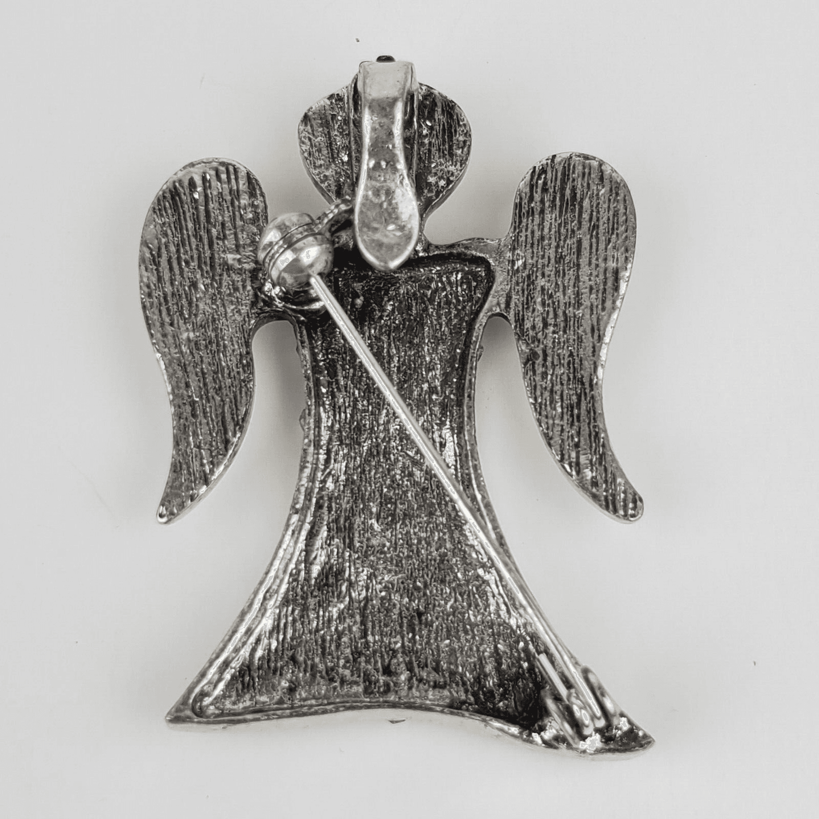 Vintage Silver Tone Metal Clear Rhinestones Scroll Work Angel Brooch Pin Pendant - Thumbnail 2
