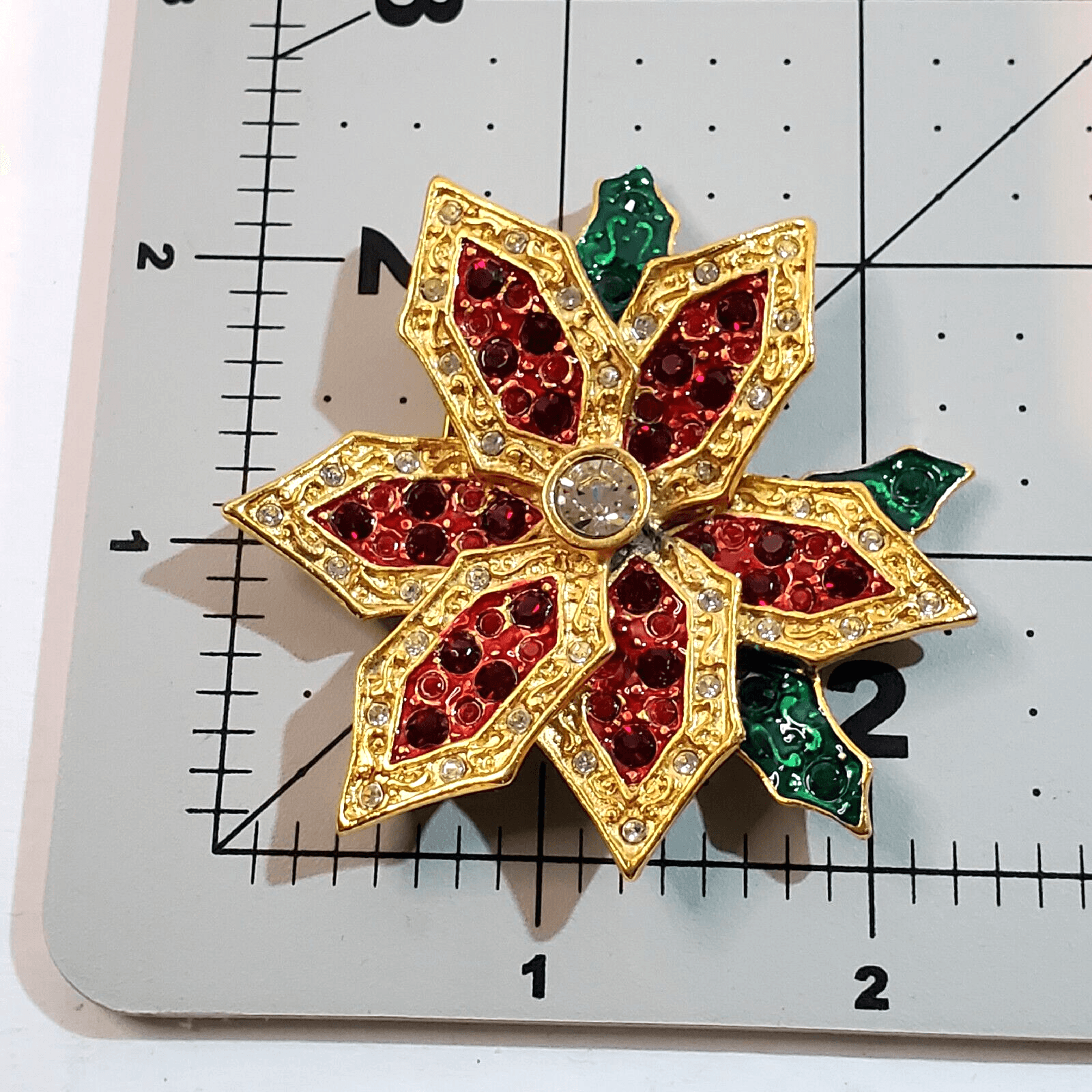 Gold Tone Metal Enamel & Rhinestone Christmas Poinsettia Brooch Pin Holiday - Thumbnail 3