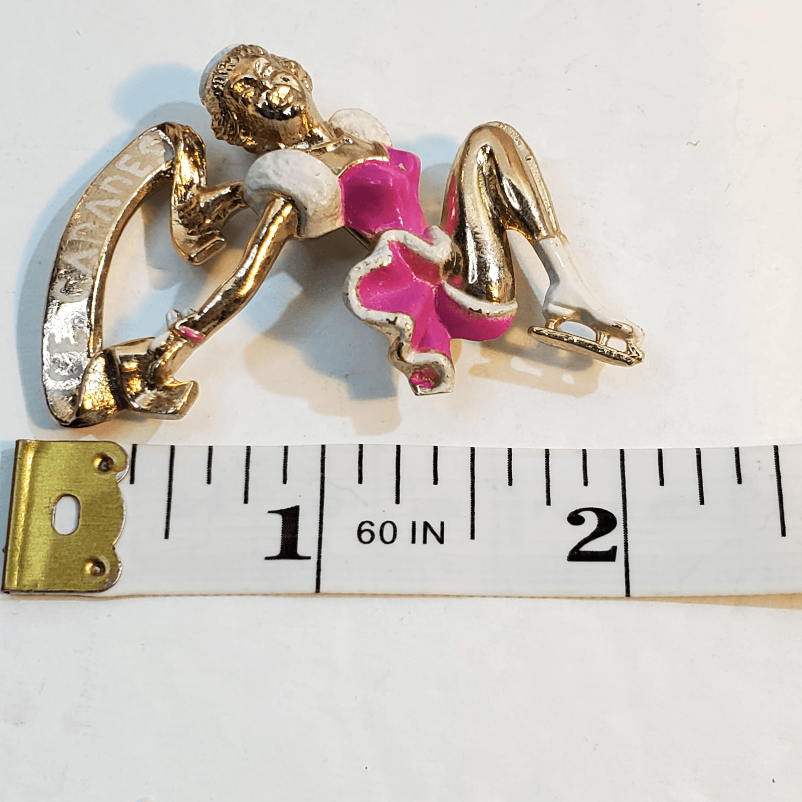 Vtg Retro Gold Tone Metal Pink White Enamel Ice Capades 50's Skating Brooch Pin - Thumbnail 5