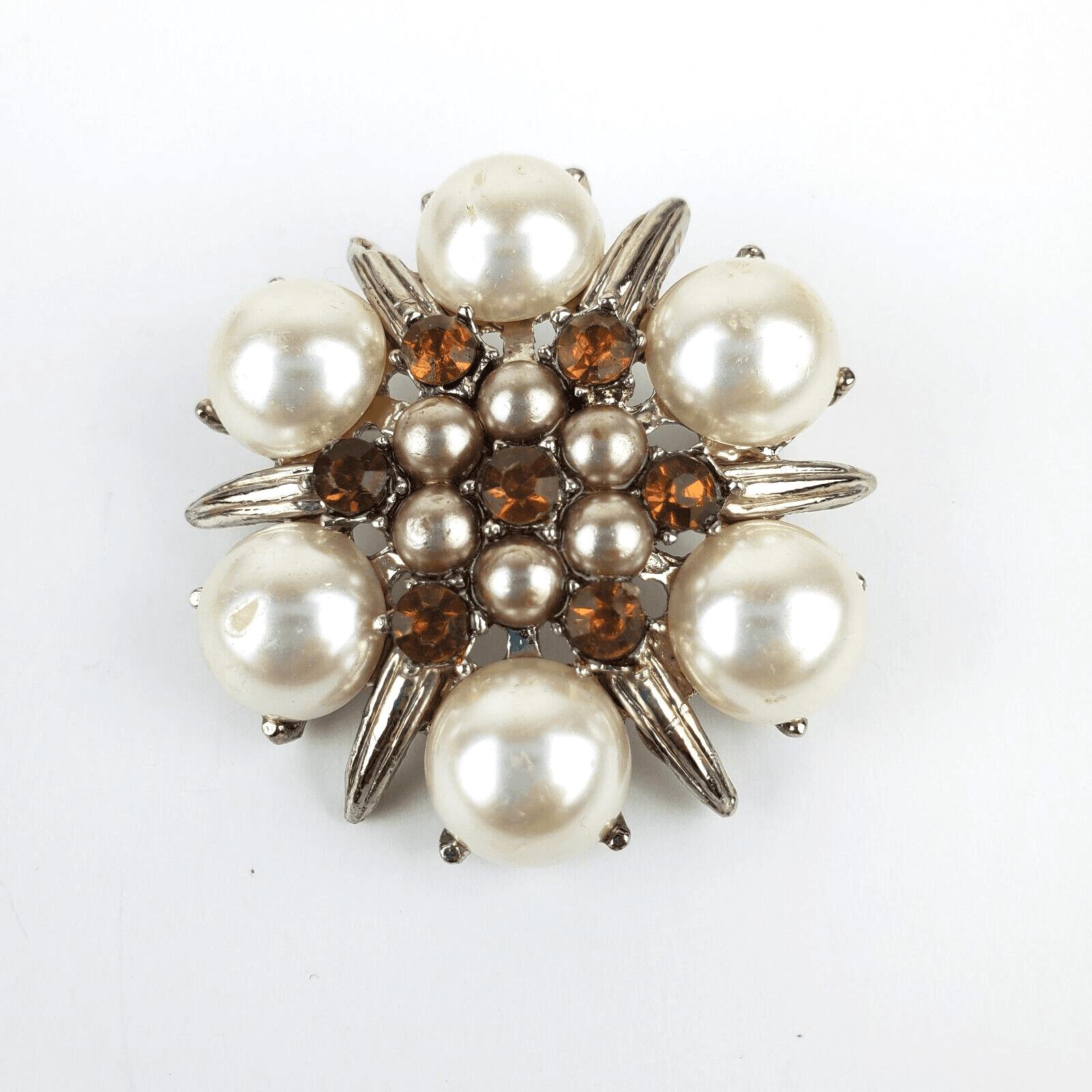 Vintage Silver Tone Metal Faux Pearls Rhinestones Starburst Brooch Pin