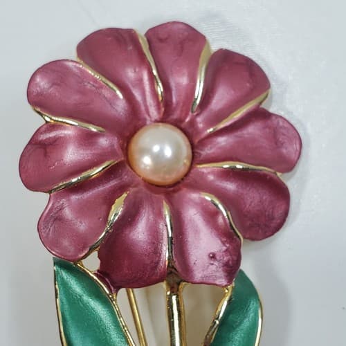 Gold Tone Multi-color Enamel Faux Pearl Flower Floral Brooch Pin Jewelry - Thumbnail 2
