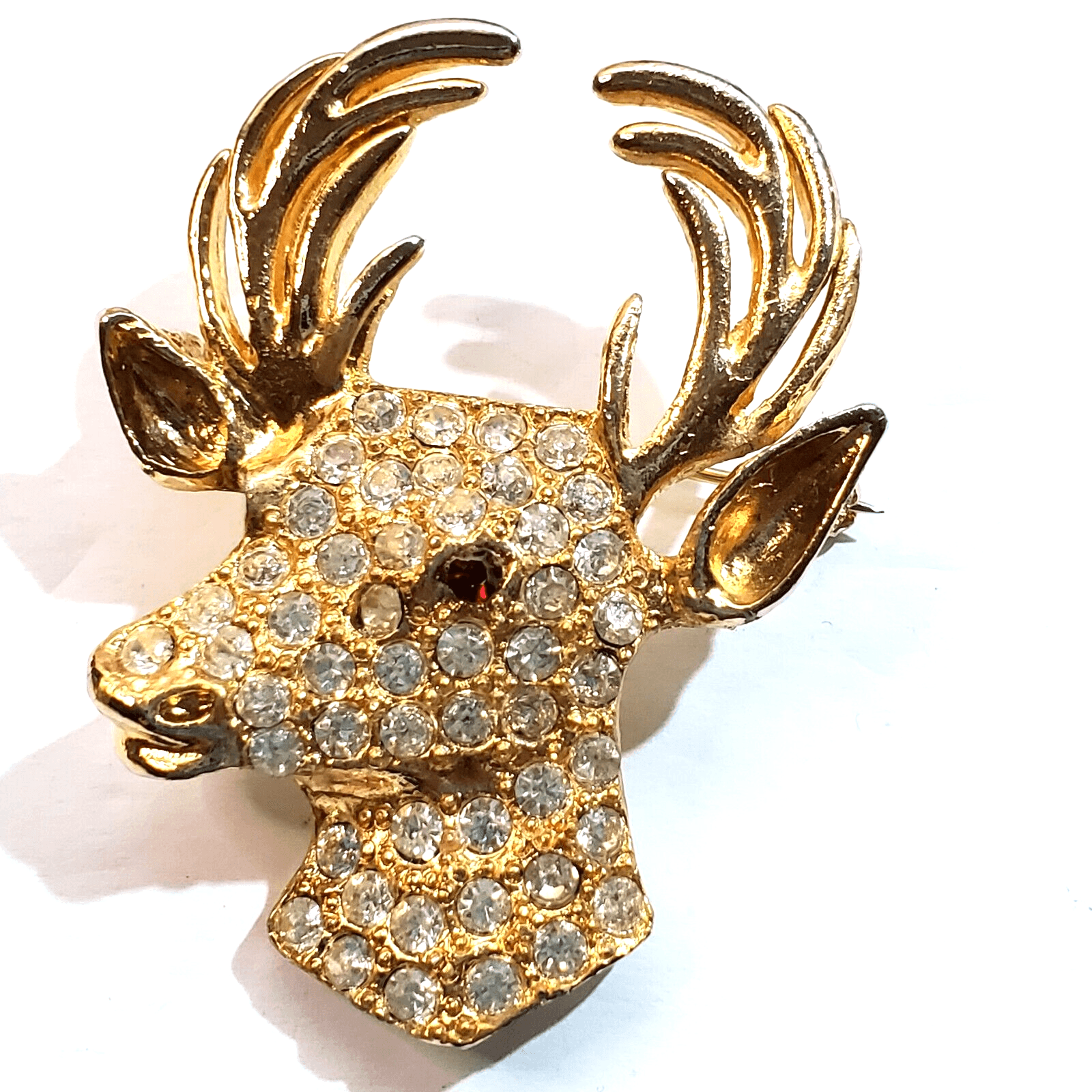 Vtg Gold Tone Metal Clear Red Rhinestones Figural Deer Reindeer Head Brooch Pin