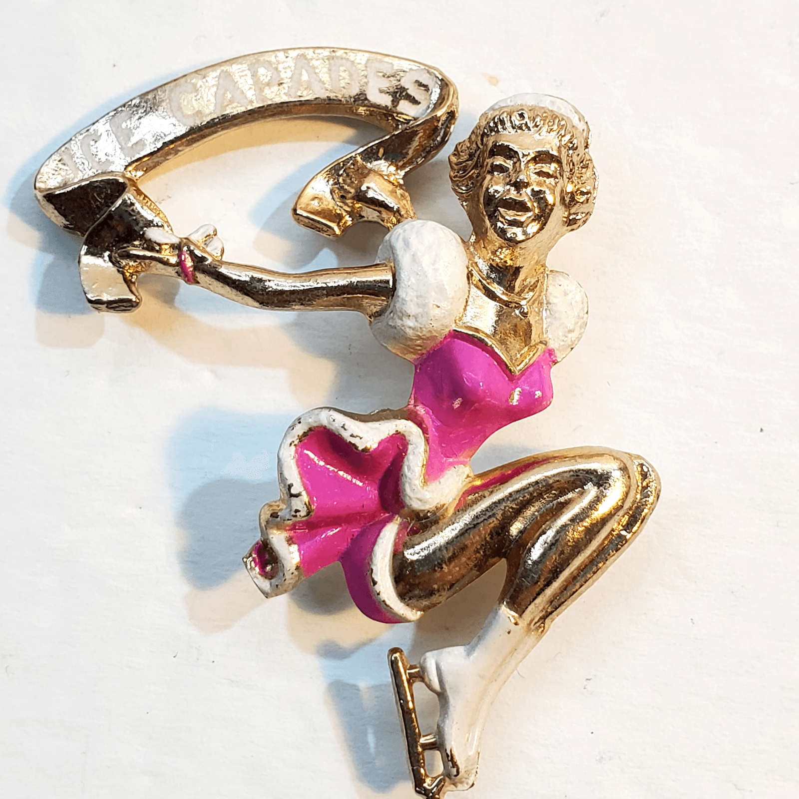 Vtg Retro Gold Tone Metal Pink White Enamel Ice Capades 50's Skating Brooch Pin