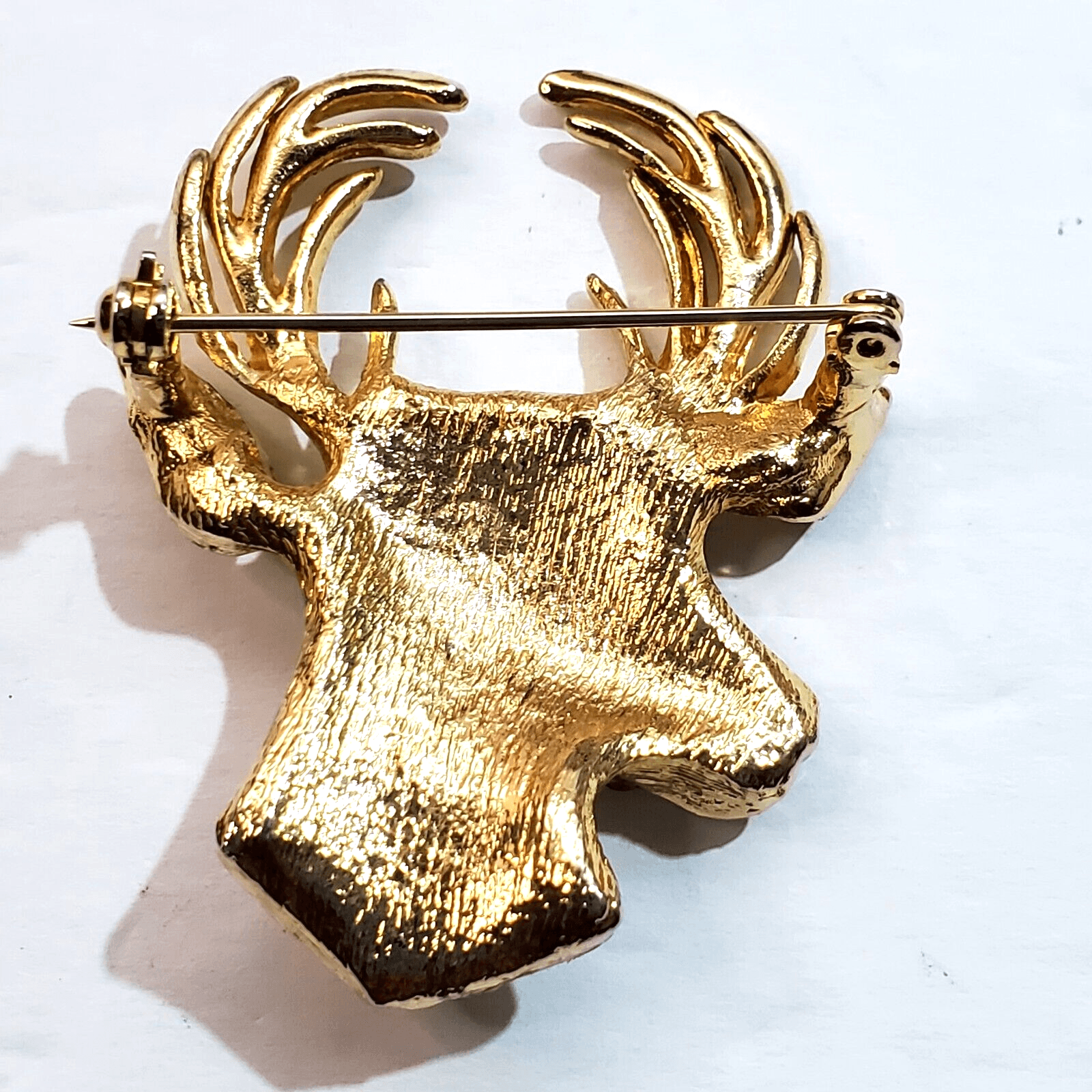 Vtg Gold Tone Metal Clear Red Rhinestones Figural Deer Reindeer Head Brooch Pin - Thumbnail 2