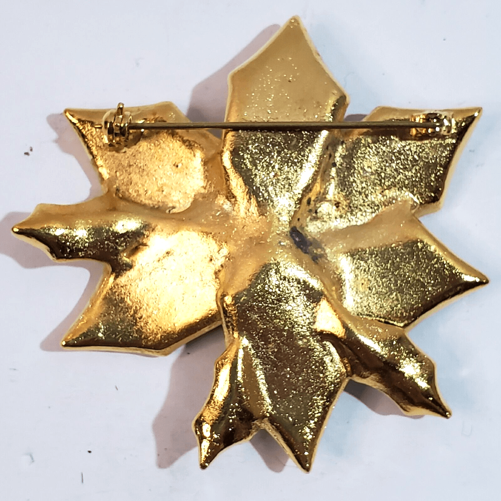Gold Tone Metal Enamel & Rhinestone Christmas Poinsettia Brooch Pin Holiday - Thumbnail 2