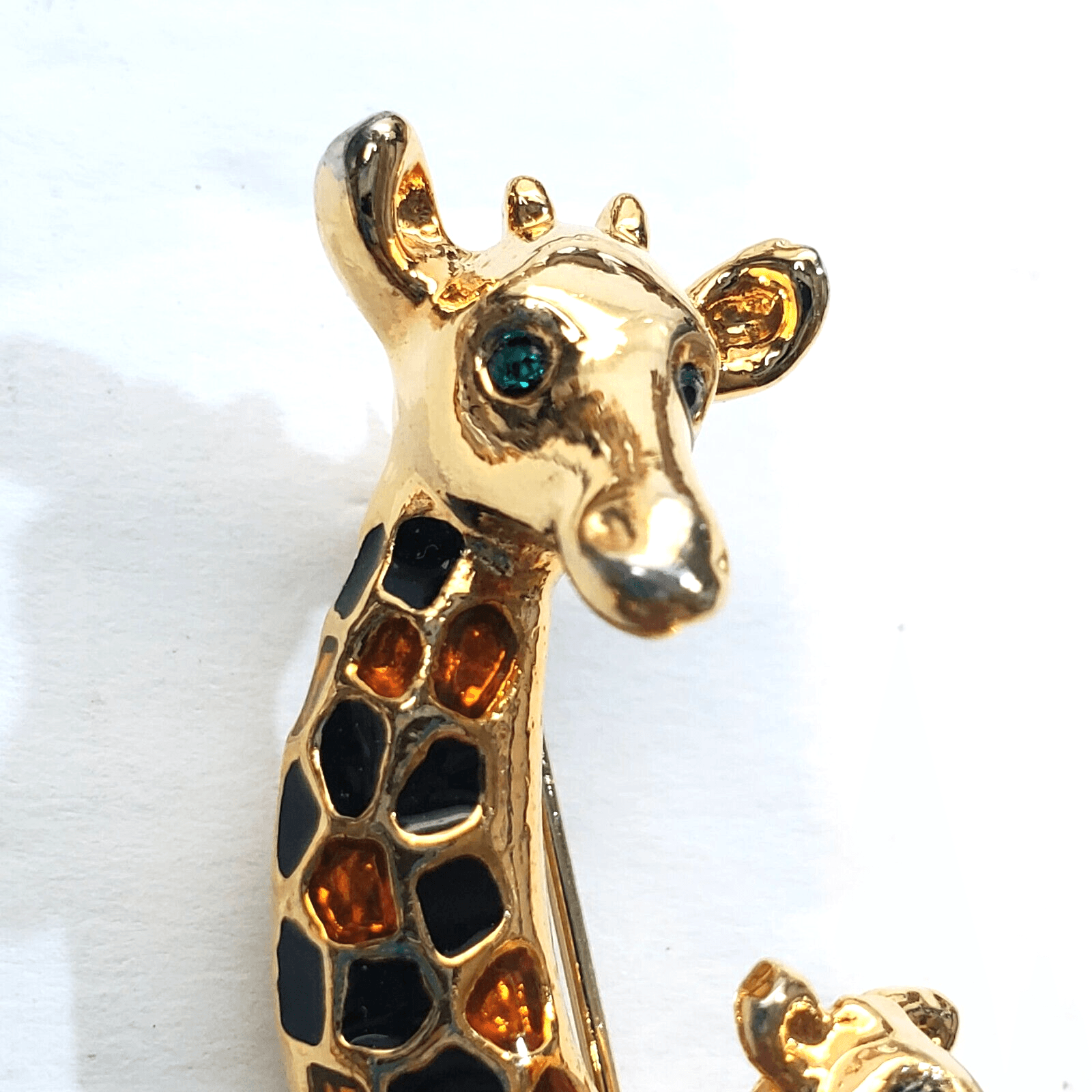 Vtg Gold Tone Orange Black Enamel Rhinestone Eyes Giraffe Mama/Baby Brooch Pin - Thumbnail 2