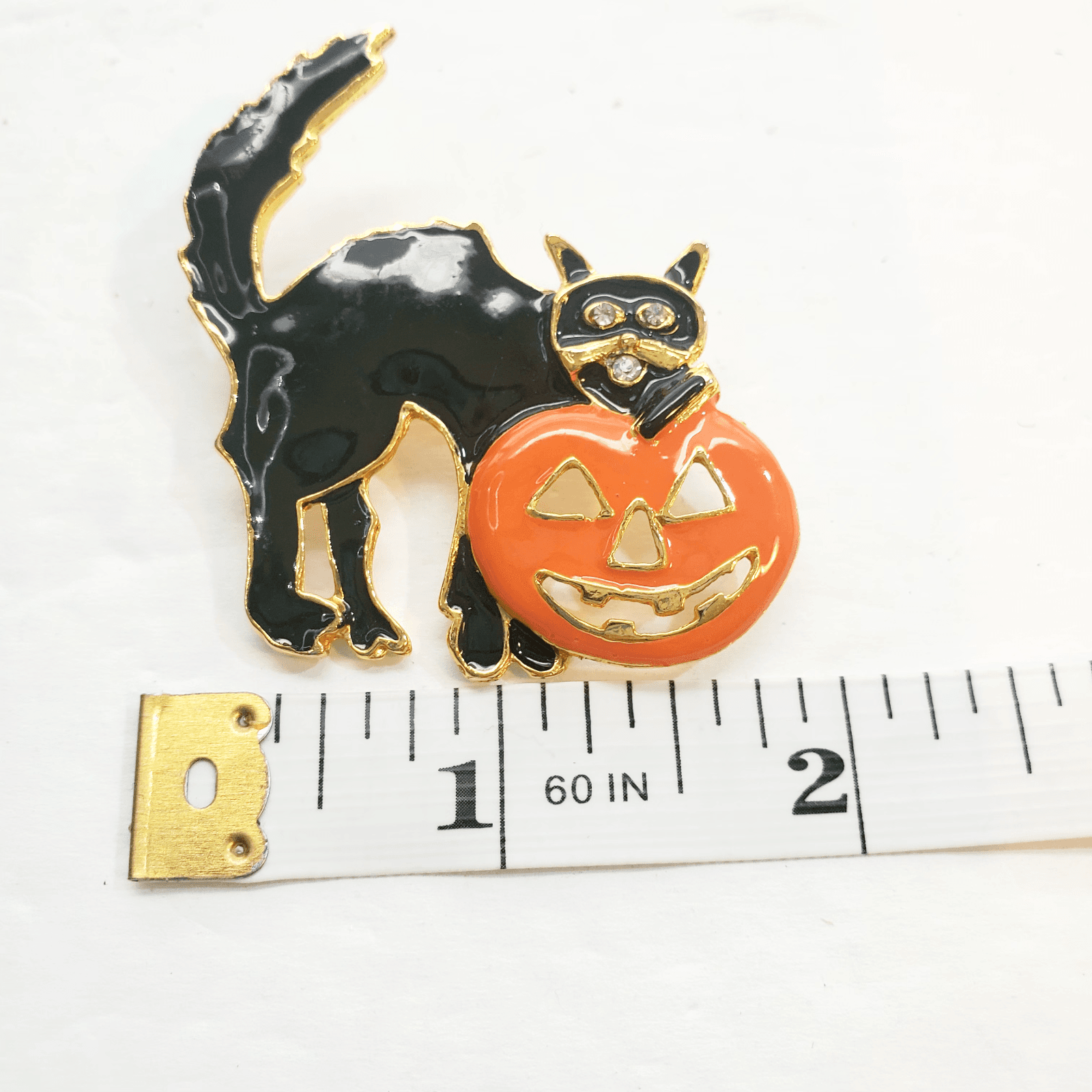 Whimsical Halloween Scared Black Cat with Pumpkin Enamel Gold Tone Brooch Pin - Thumbnail 3