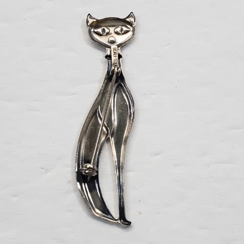 Vintage Beau Sterling Mid Century Modern Slim Cat Brooch Pin 2.25 inch - Thumbnail 3