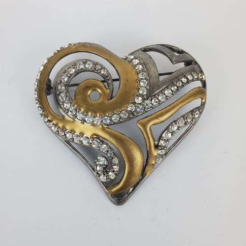 Chicos Cut-Out Heart Two Toned Clear Rhinestone Swirls Brooch Pin AHA 2008