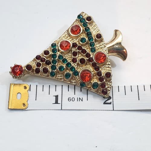Vintage Gold Tone Metal Red Green Rhinestones Christmas Tree Brooch Pin - Thumbnail 3