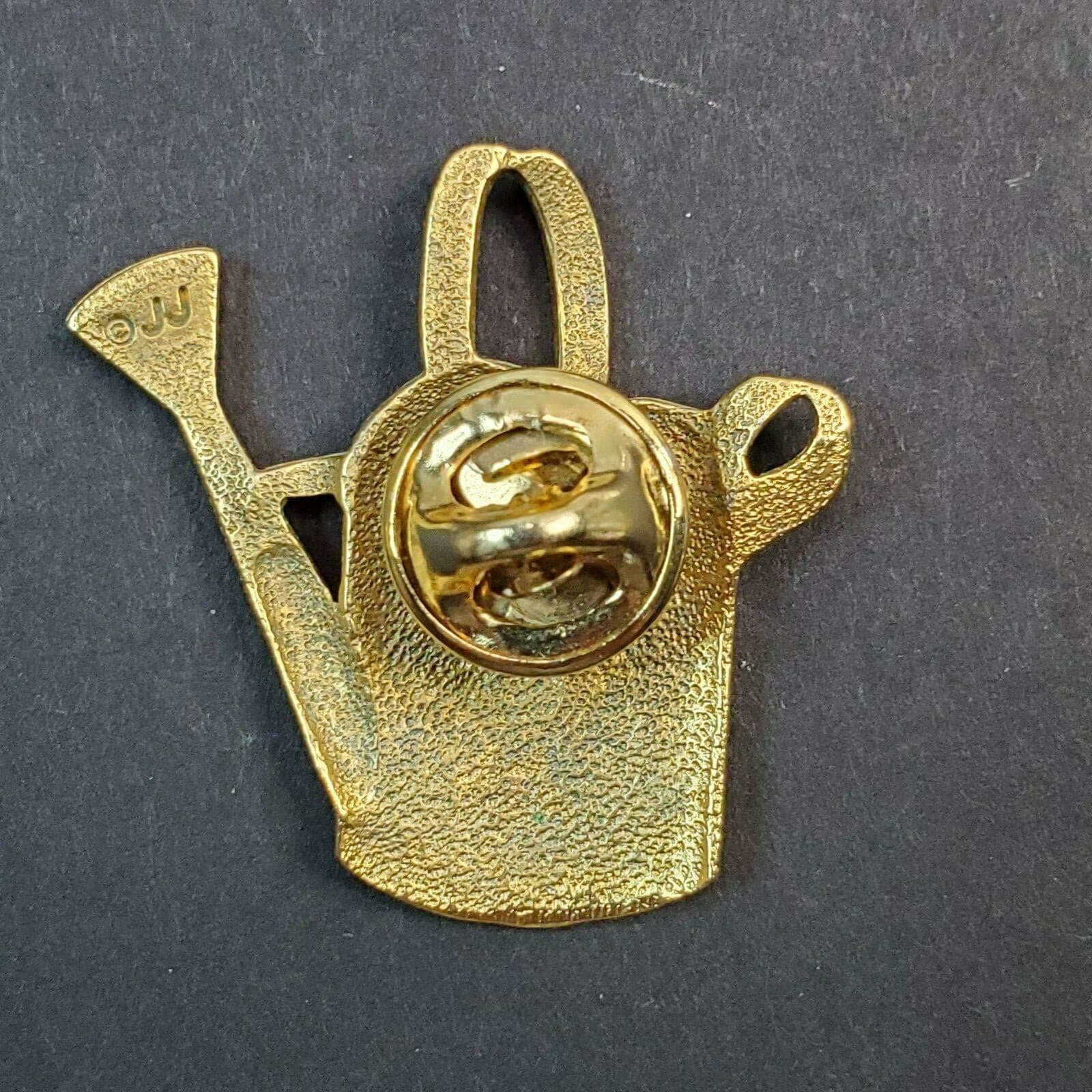 Vintage Signed JJ Gold Tone Watering Can Pin Brooch Spring Gardening Easter - Thumbnail 2