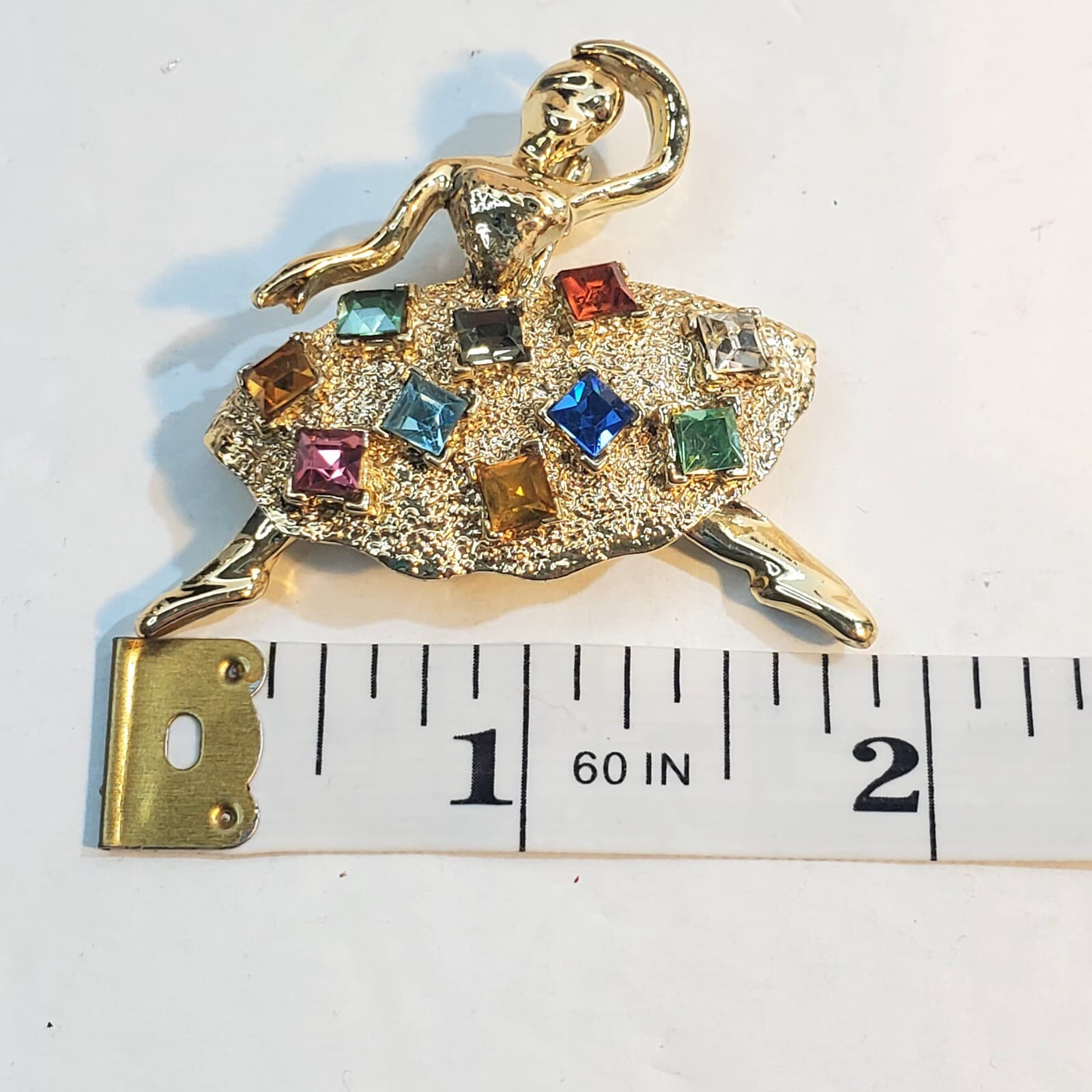 Vtg Gold Tone Textured Skirt Colorful Square Rhinestones Ballerina Brooch Pin - Thumbnail 3