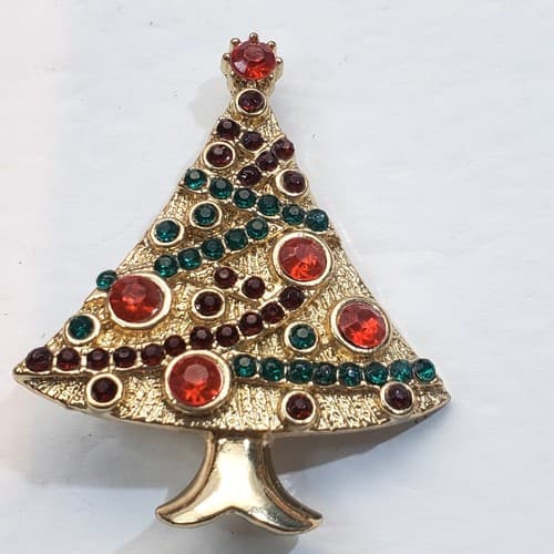 Vintage Gold Tone Metal Red Green Rhinestones Christmas Tree Brooch Pin