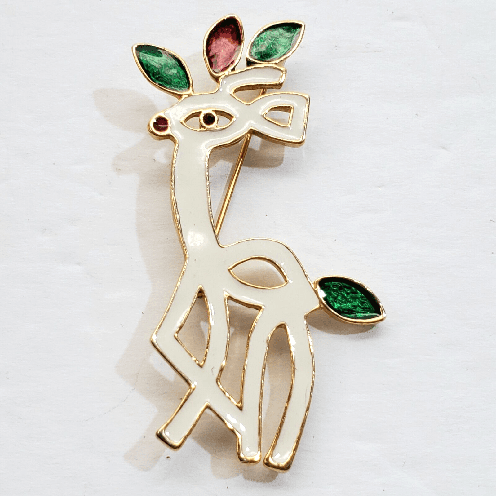 Vtg Gold Tone White Red Green Enamel Prancing Reindeer Christmas Brooch Pin