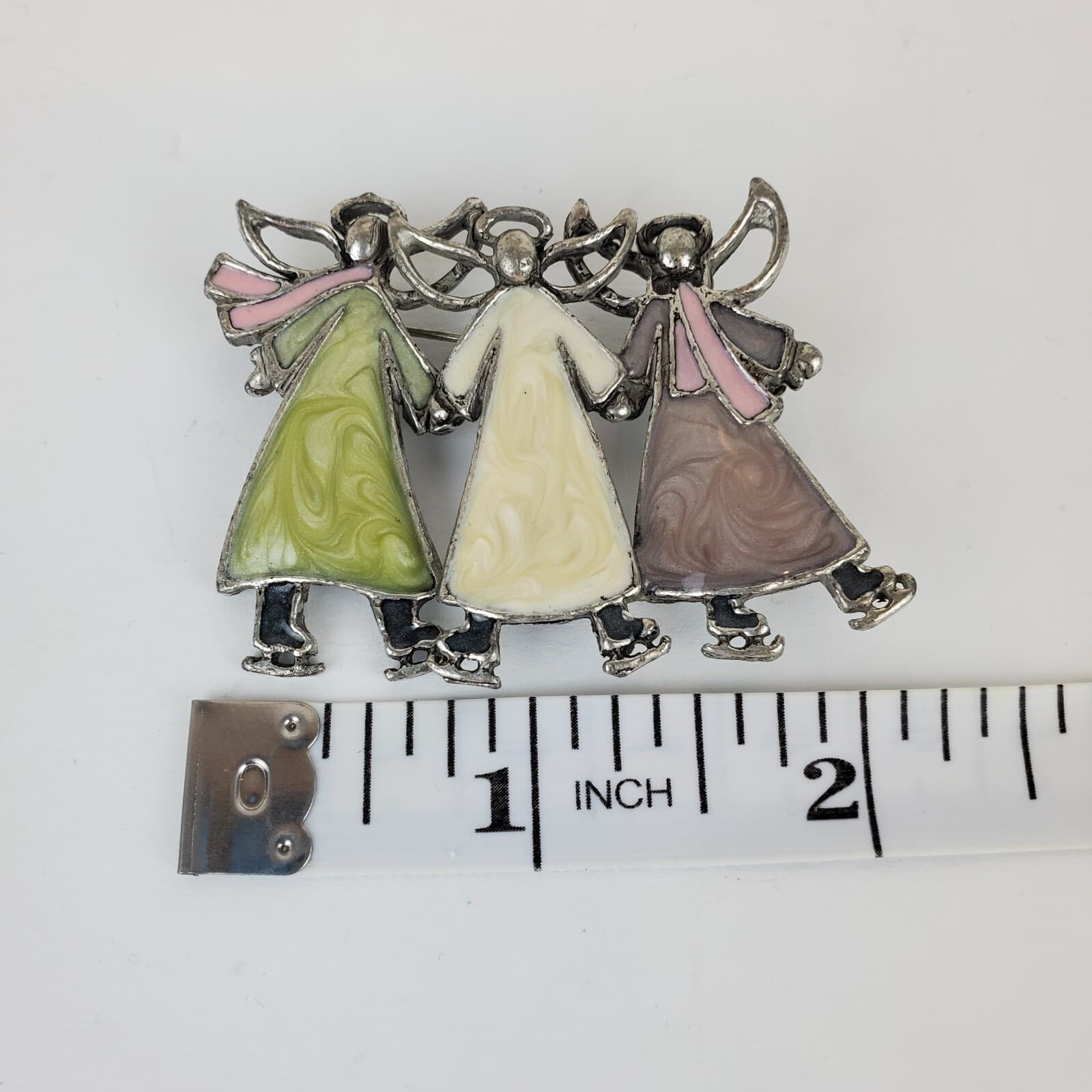 Silver Tone Metal Multi-color Swirl Enamel 3 Angels on Ice Skates Brooch Pin - Thumbnail 3