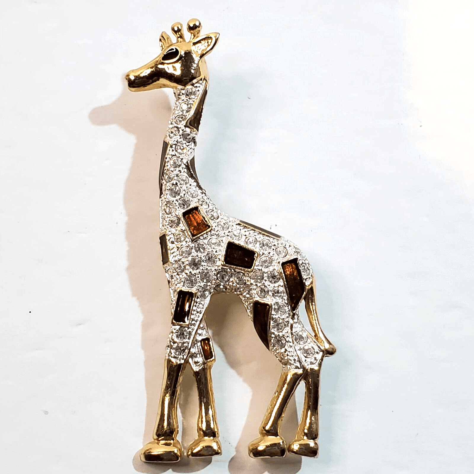 Vintage Roman Gold Tone Encrusted Clear and Amber Rhinestones Giraffe Brooch Pin
