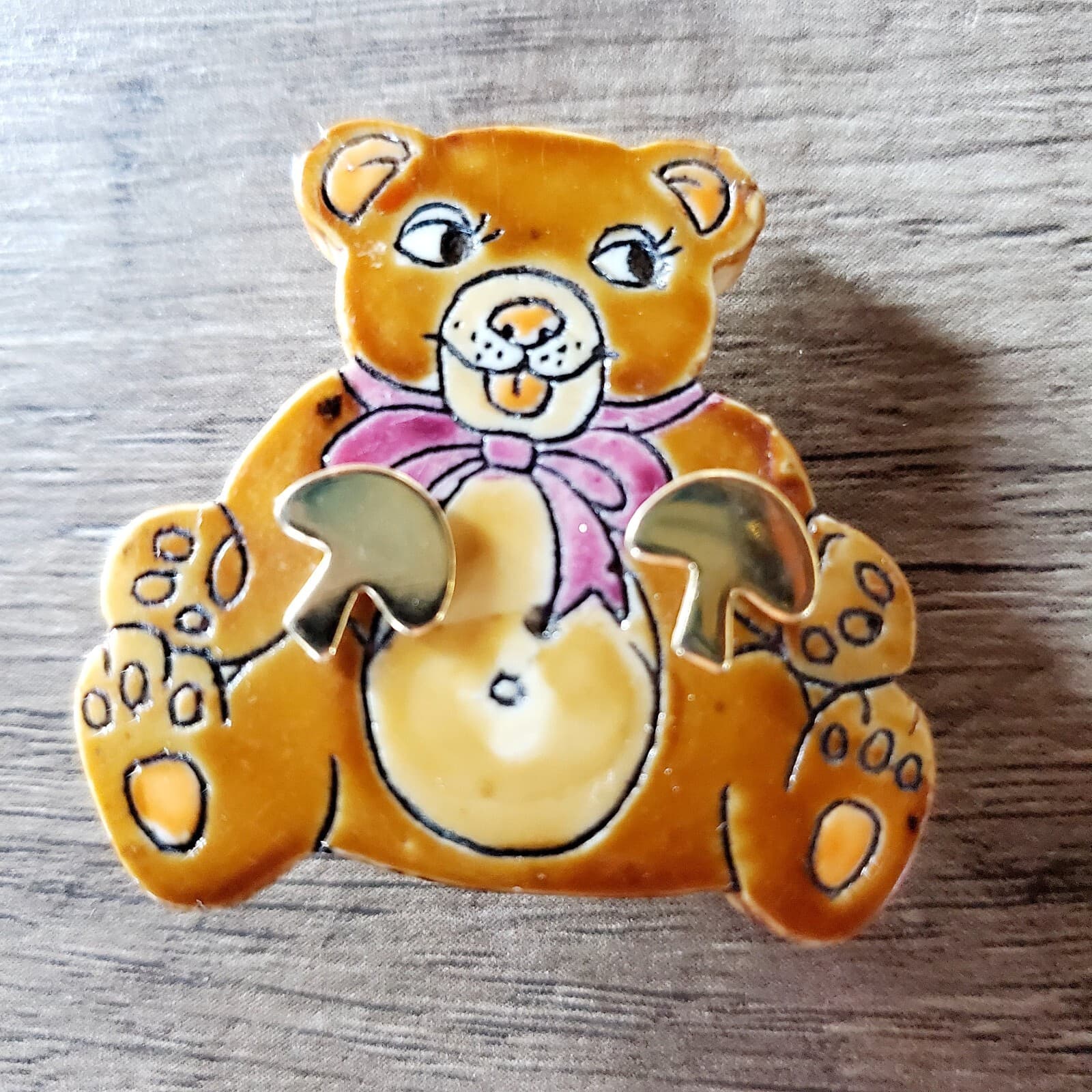 Vintage World Of Meow 1980's Teddy Bear Brooch Pin and Mushroom Earrings Set