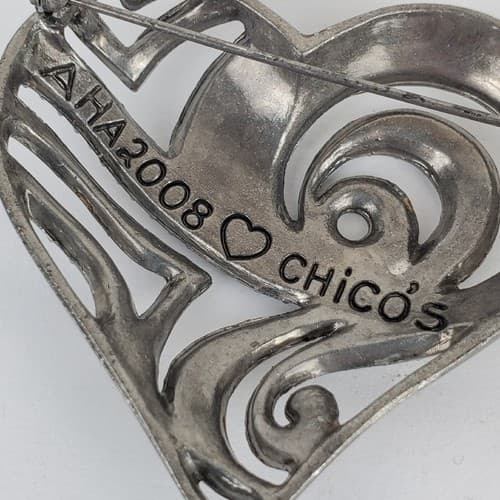 Chicos Cut-Out Heart Two Toned Clear Rhinestone Swirls Brooch Pin AHA 2008 - Thumbnail 3